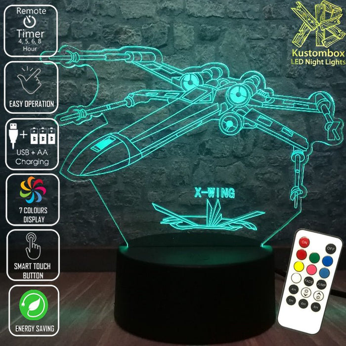 X WING Jedi Ship Star Wars - LED Night Light 7 Colours + Remote Control - Kustombox