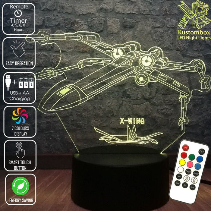 X WING Jedi Ship Star Wars - LED Night Light 7 Colours + Remote Control - Kustombox