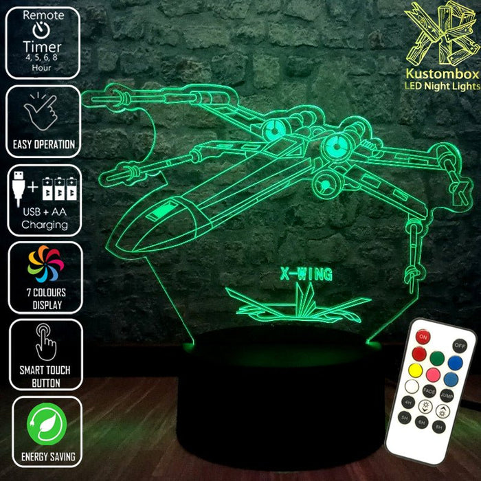 X WING Jedi Ship Star Wars - LED Night Light 7 Colours + Remote Control - Kustombox