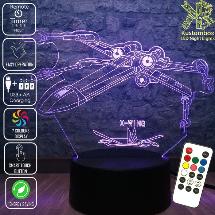 X WING Jedi Ship Star Wars - LED Night Light 7 Colours + Remote Control - Kustombox