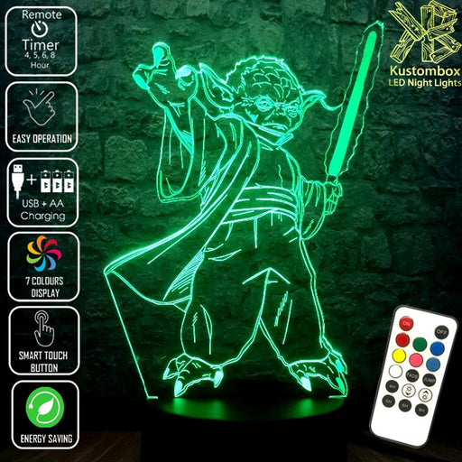 Yoda Jedi Master with Light Sabre Star Wars - LED Night Light 7 Colours + Remote Control - Kustombox