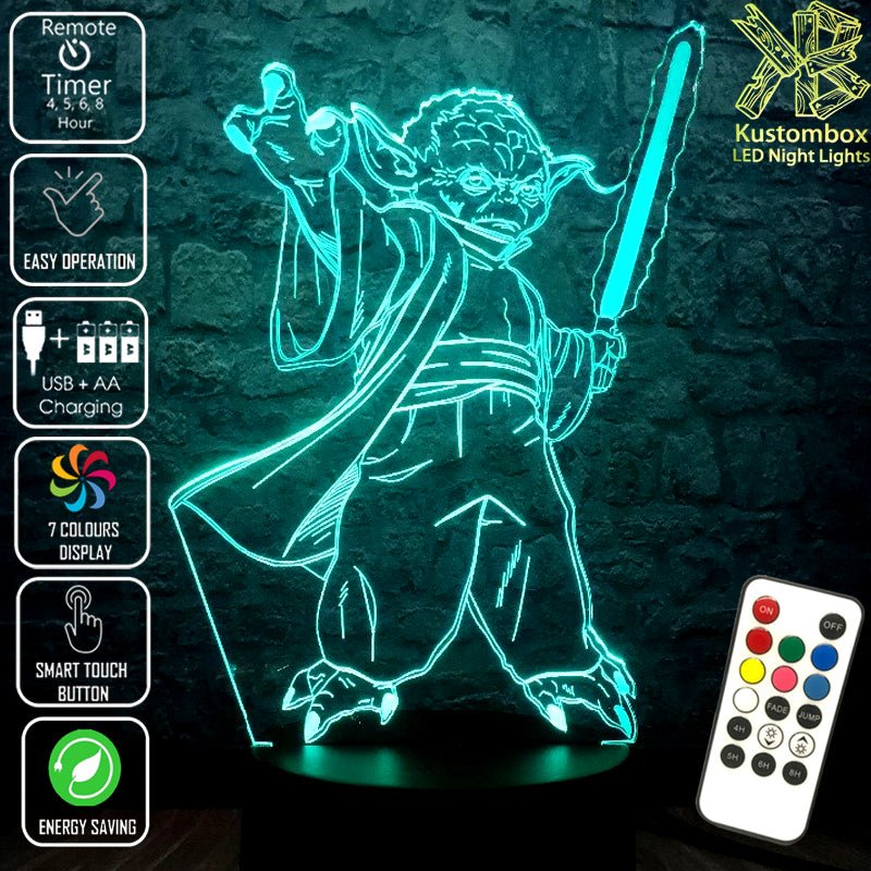 Yoda Jedi Master with Light Sabre Star Wars - LED Night Light 7 Colours + Remote Control - Kustombox