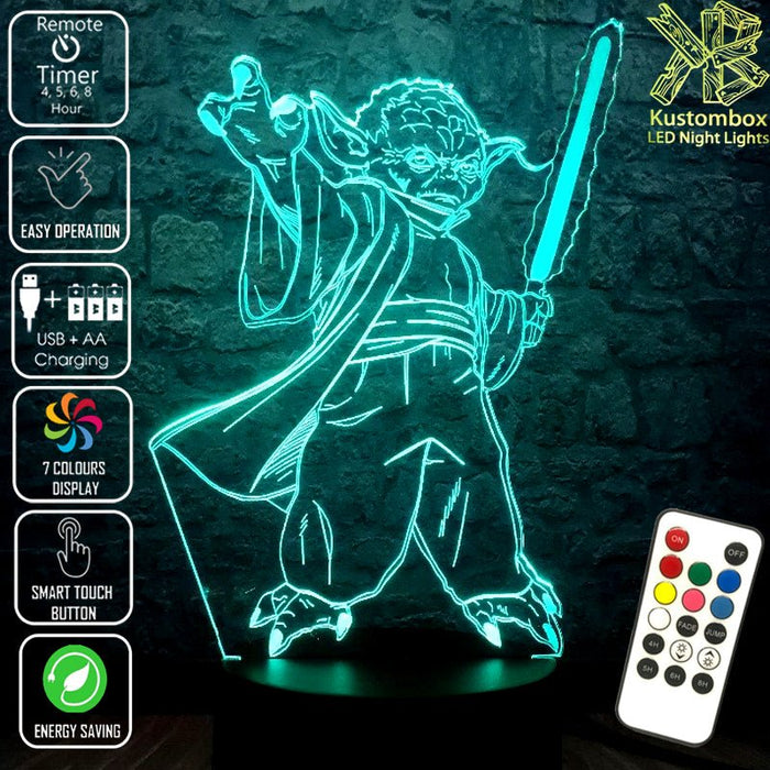 Yoda Jedi Master with Light Sabre Star Wars - LED Night Light 7 Colours + Remote Control - Kustombox