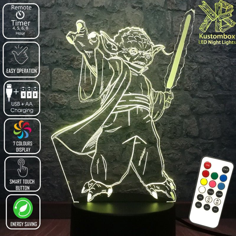 Yoda Jedi Master with Light Sabre Star Wars - LED Night Light 7 Colours + Remote Control - Kustombox