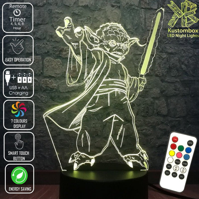 Yoda Jedi Master with Light Sabre Star Wars - LED Night Light 7 Colours + Remote Control - Kustombox
