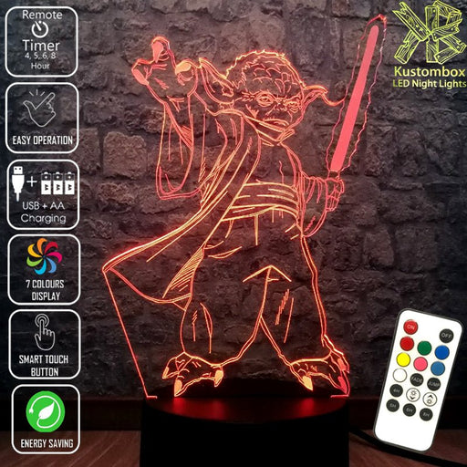 Yoda Jedi Master with Light Sabre Star Wars - LED Night Light 7 Colours + Remote Control - Kustombox