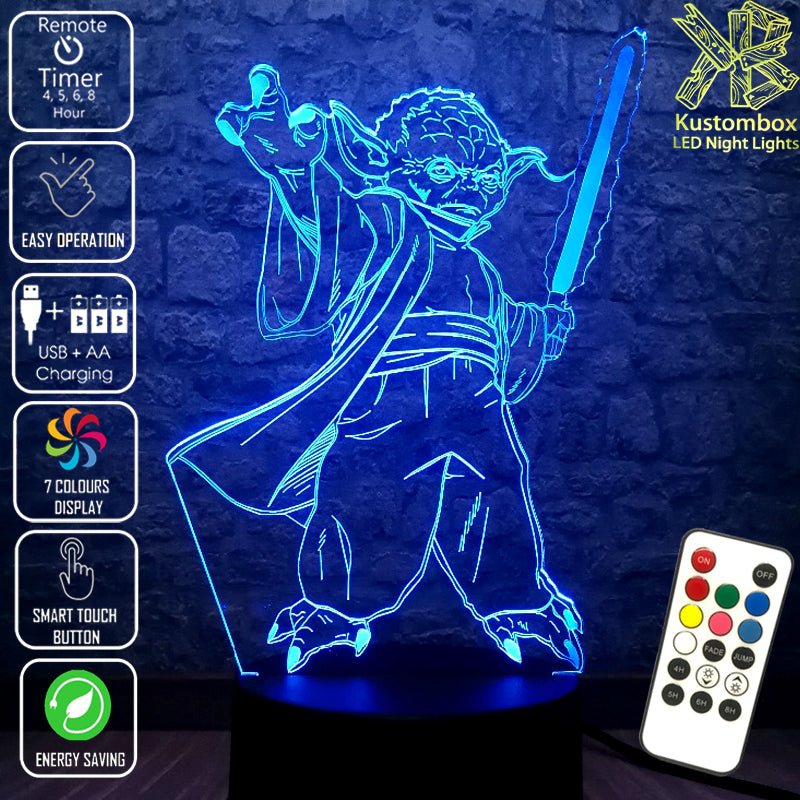 Yoda Jedi Master with Light Sabre Star Wars - LED Night Light 7 Colours + Remote Control - Kustombox
