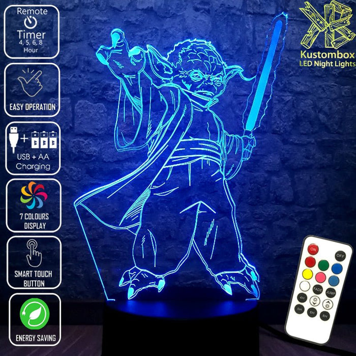 Yoda Jedi Master with Light Sabre Star Wars - LED Night Light 7 Colours + Remote Control - Kustombox